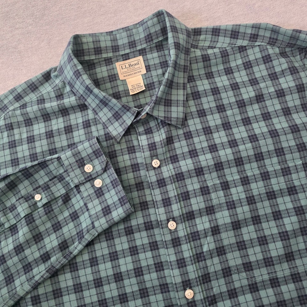 LL Bean Men XXL-Tall Slightly Fitted Plaid Cotton Button Down Shirt Green 515085